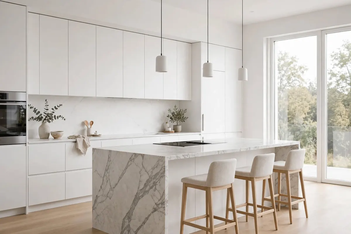 Cocina blanca con isla de mármol y banquetas tapizadas