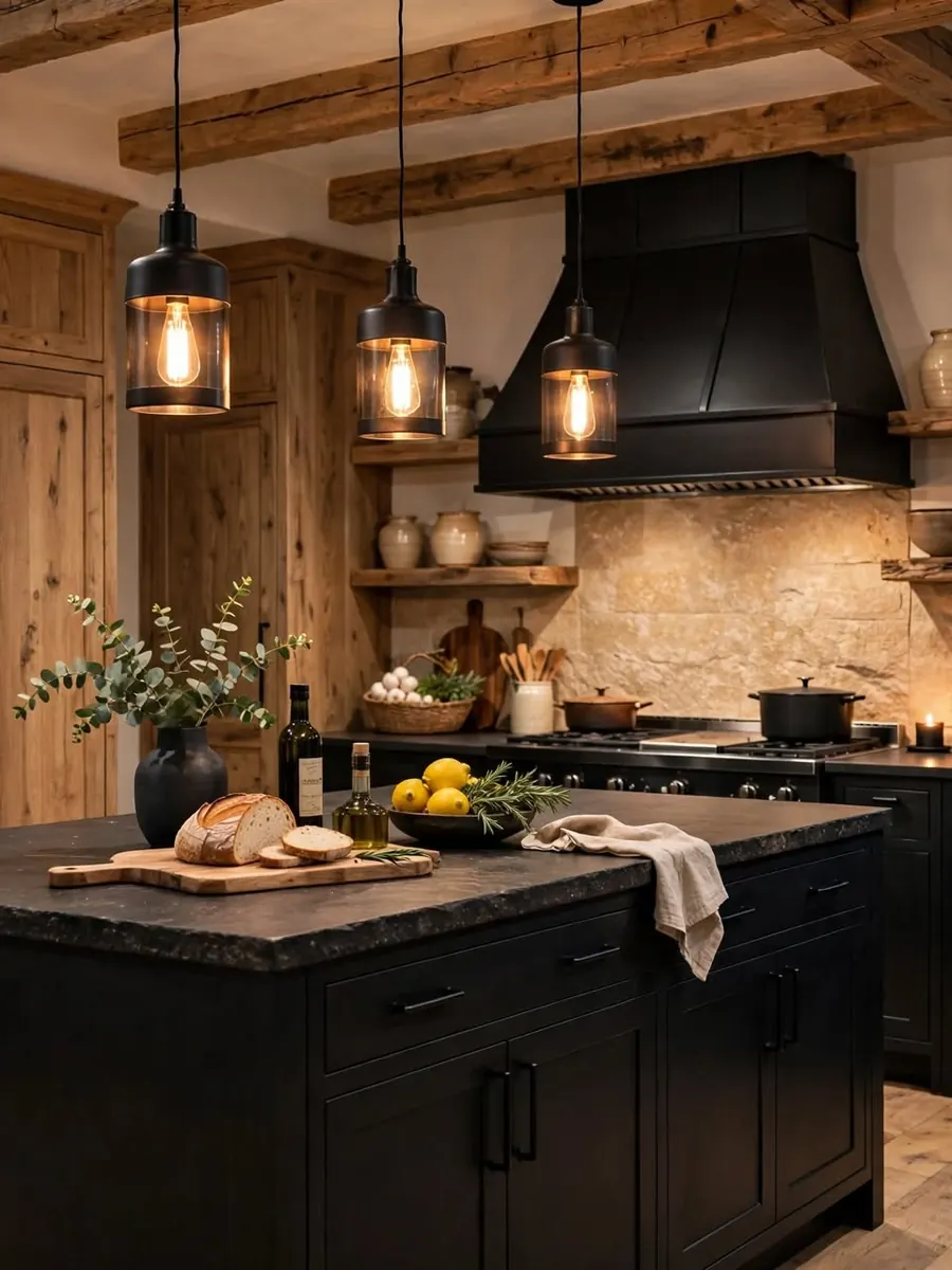 Cocina rústica con vigas de madera, isla negra y lámparas de vidrio