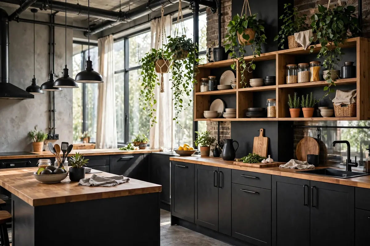 Cocina de estilo industrial con muebles negros, encimera de madera y plantas colgantes