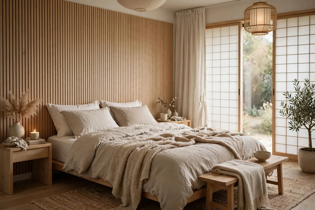 Dormitorio de estilo japonés con panel de madera, ropa de cama de lino y biombo de papel