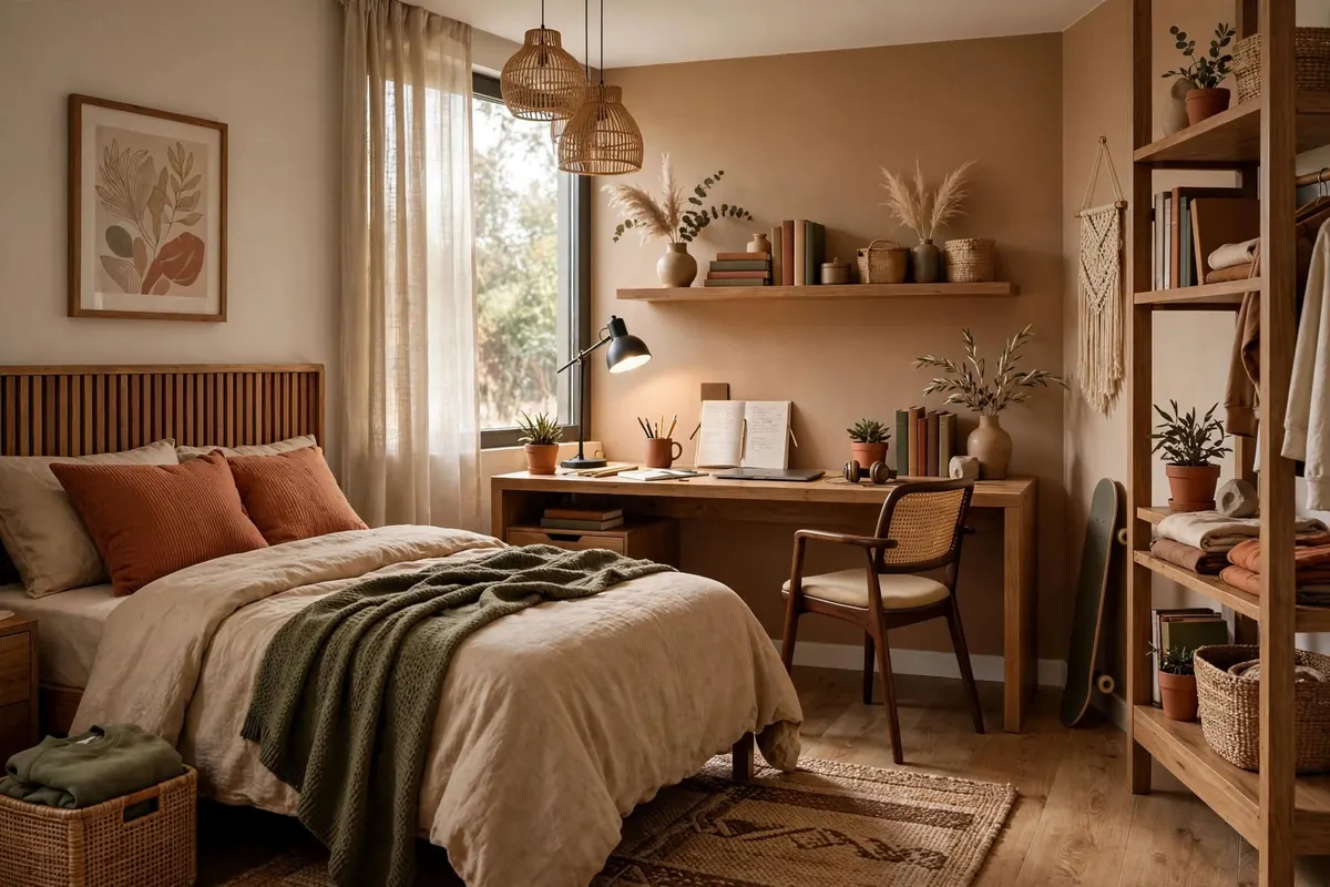 Dormitorio en tonos terracota con escritorio y repisas de madera