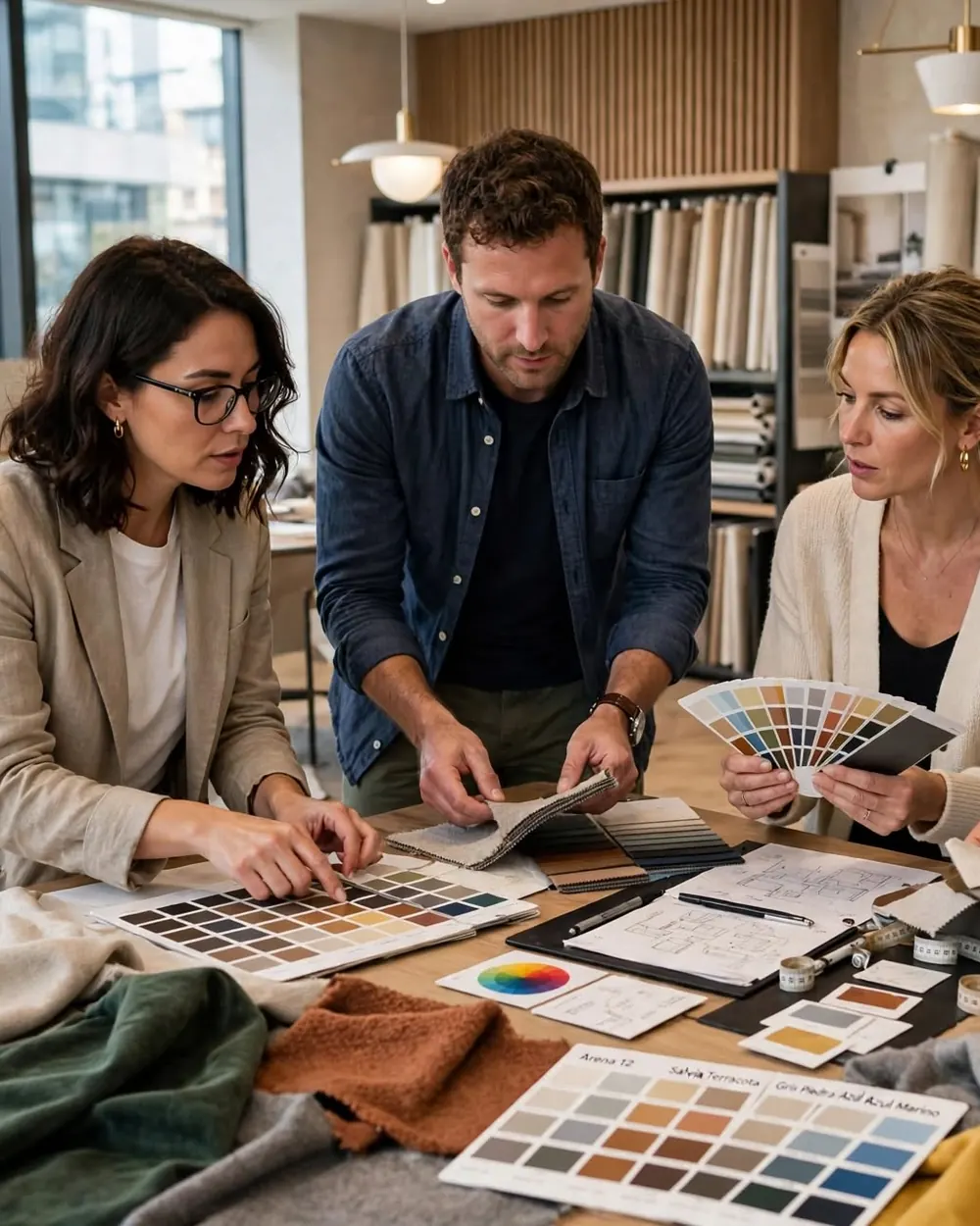 Equipo de Alma Interiores revisando muestras de color y telas