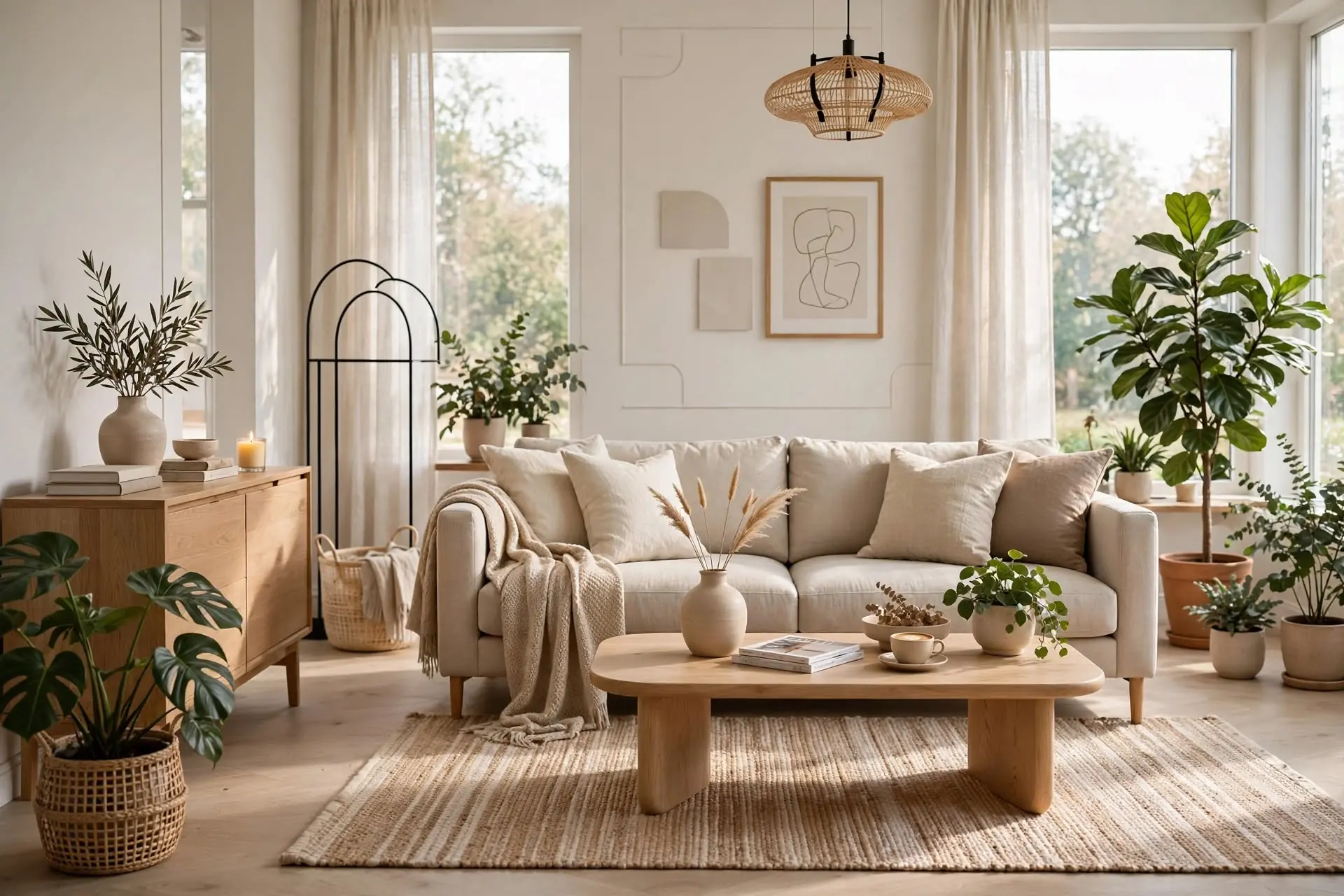 Sala luminosa con sofá crema, mesa de centro de madera, plantas y alfombra de yute