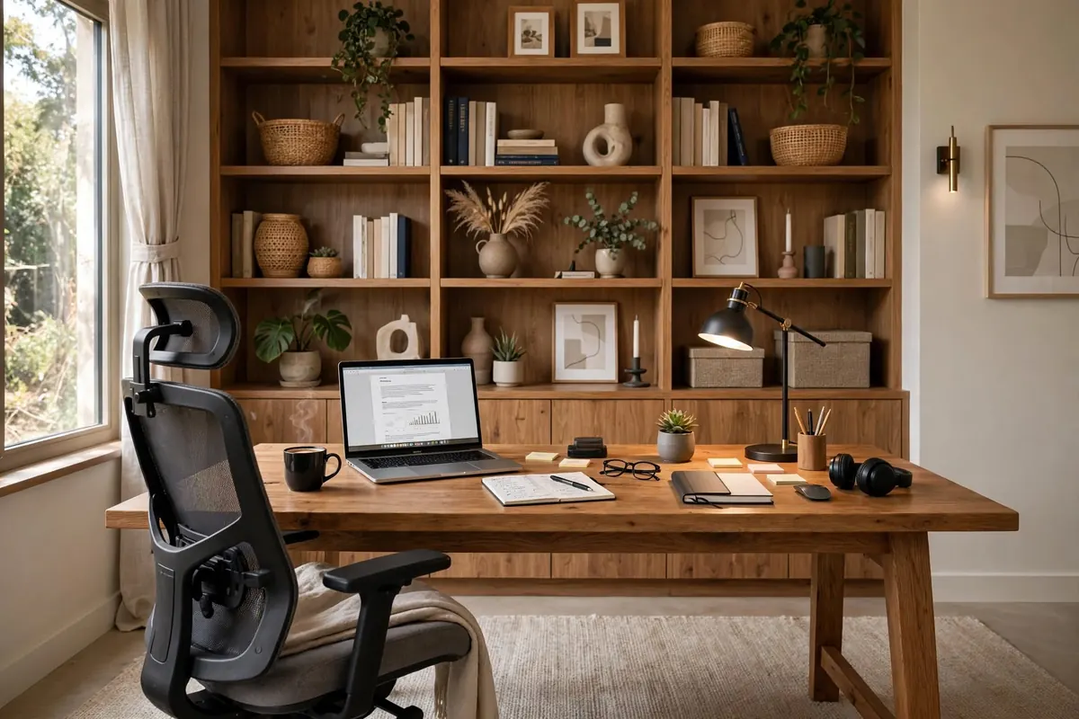 Escritorio de madera frente a una biblioteca empotrada con objetos decorativos
