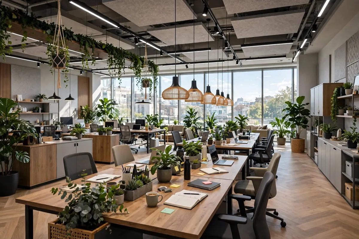 Oficina abierta con escritorios de madera, plantas y lámparas de ratán