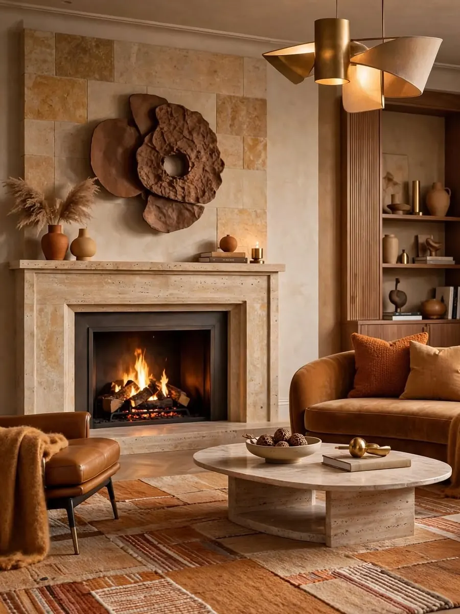 Sala cálida con chimenea de piedra, sofá curvo color coñac y alfombra tejida