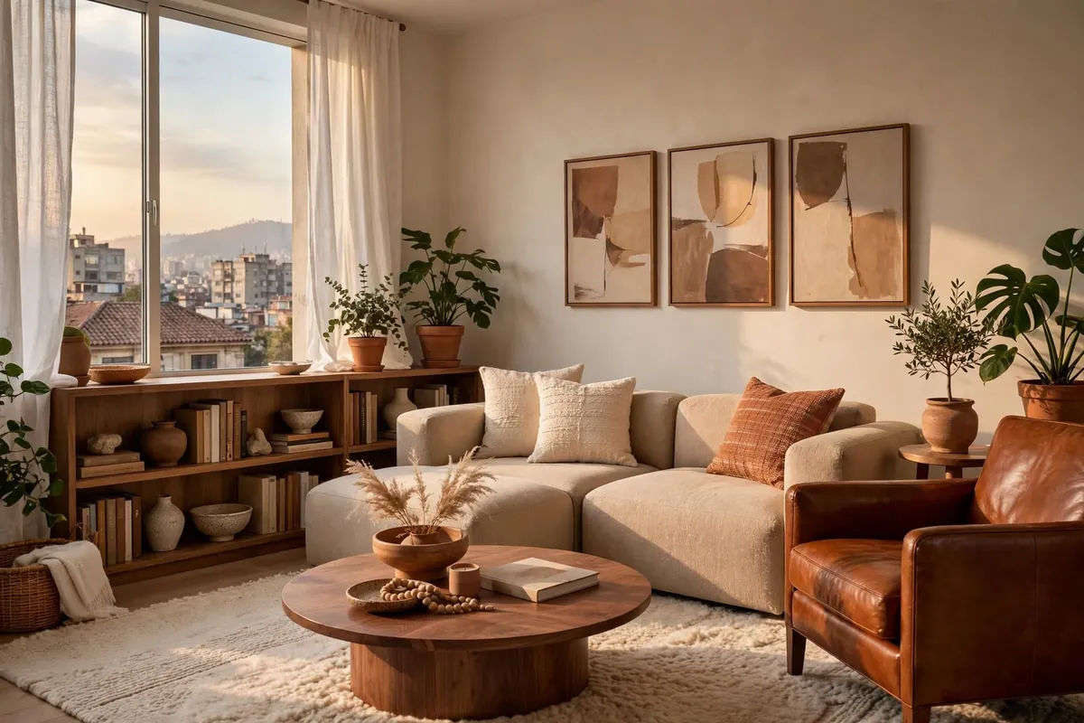 Sala con sofá modular arena, sillón de cuero coñac, mesa de centro redonda de nogal y vista a la ciudad