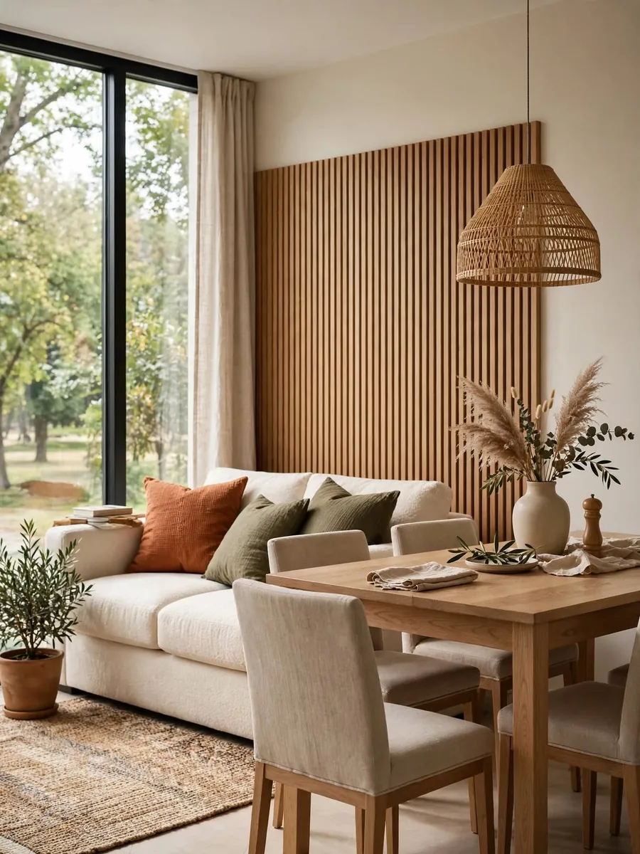 Sala y comedor integrados con panel de listones de madera, lámpara de ratán y ventanal hacia los árboles