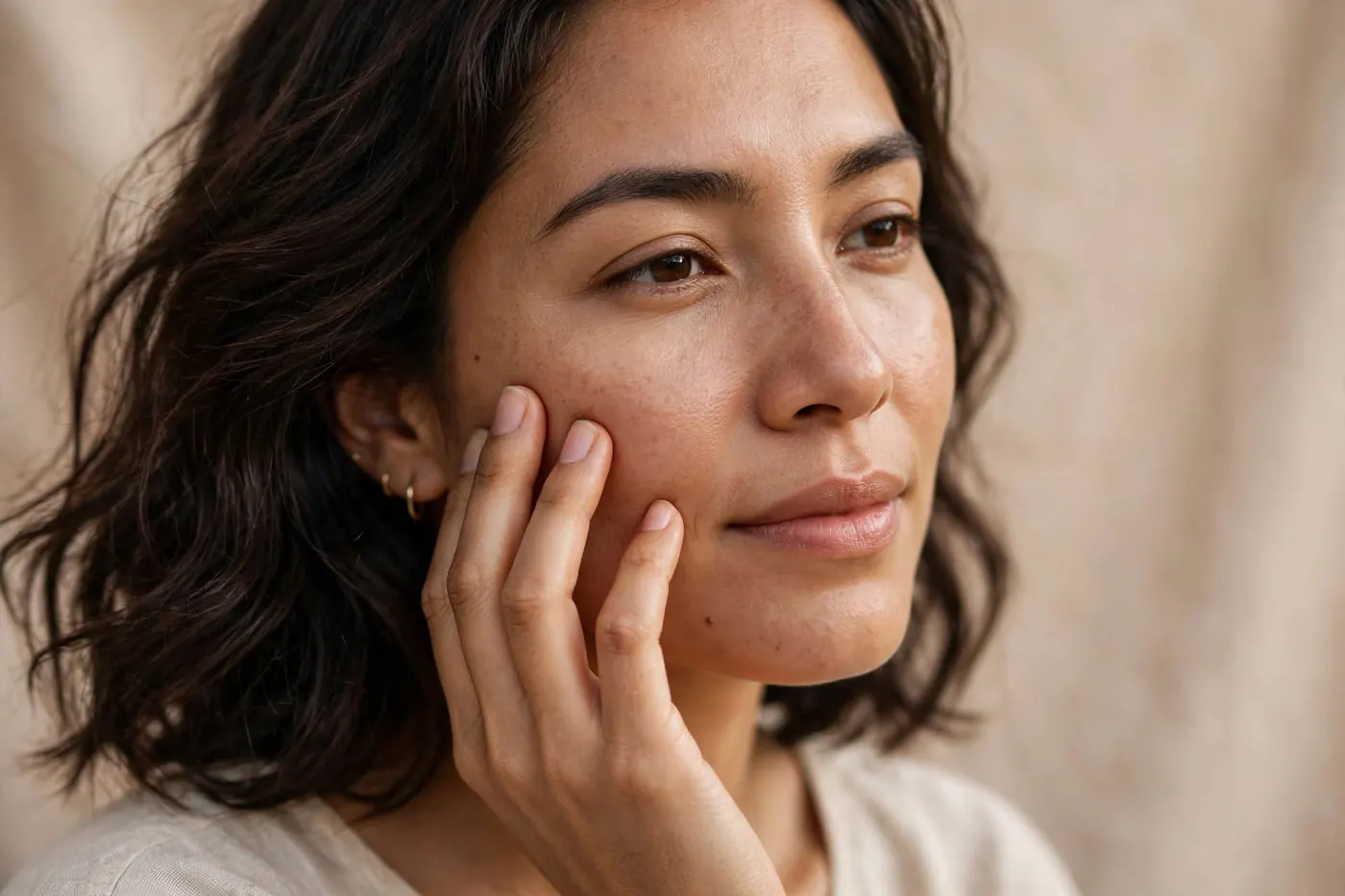 Mujer con piel luminosa tocándose suavemente la mejilla
