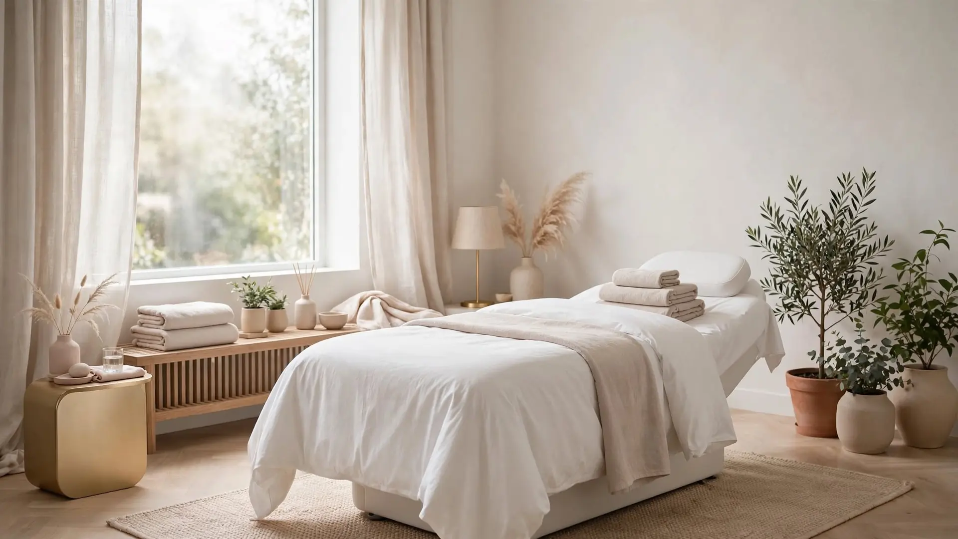 Sala de tratamiento facial luminosa con camilla blanca, toallas beige y plantas