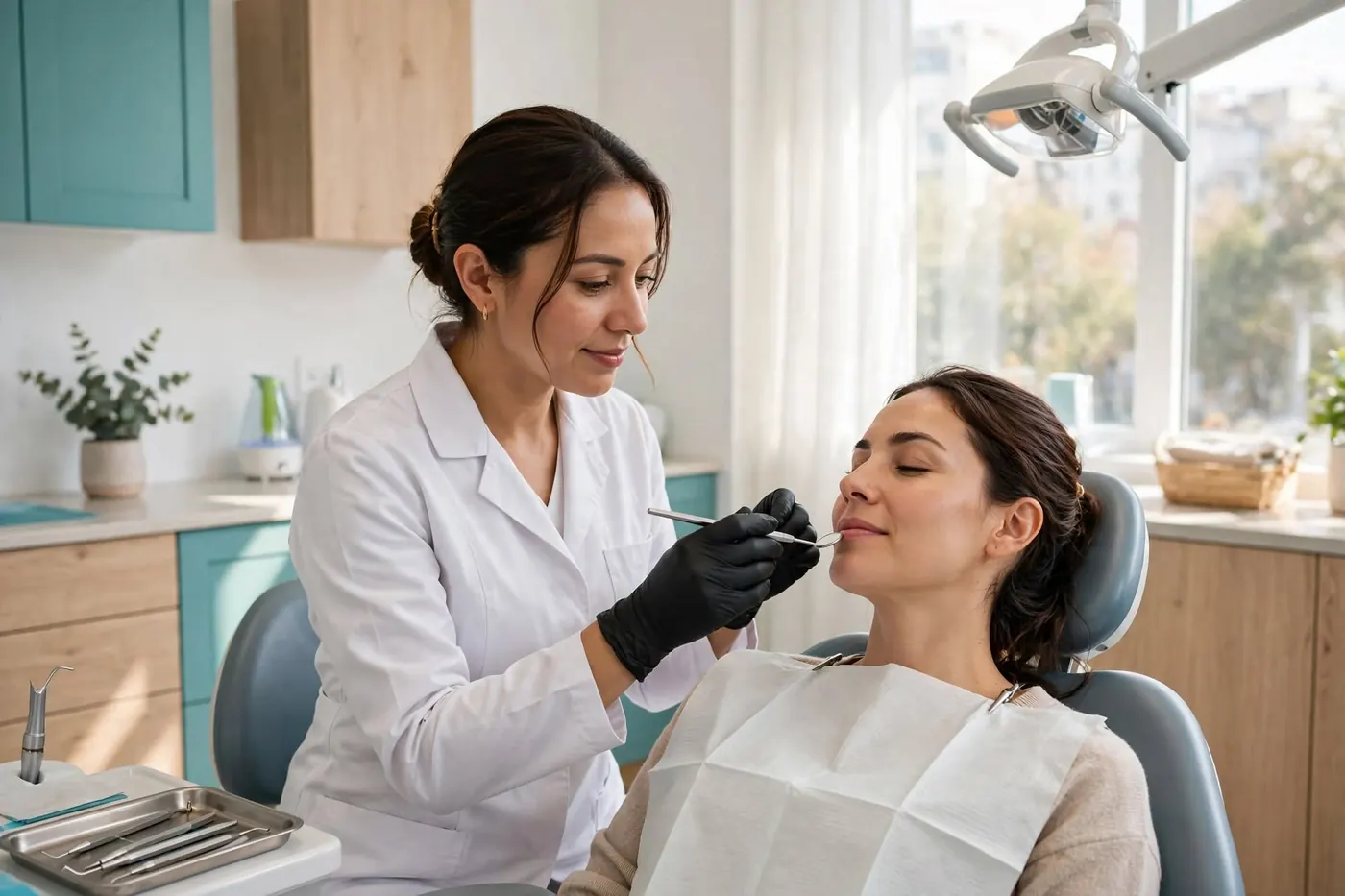 Dentista atendiendo a una paciente en el sillón dental