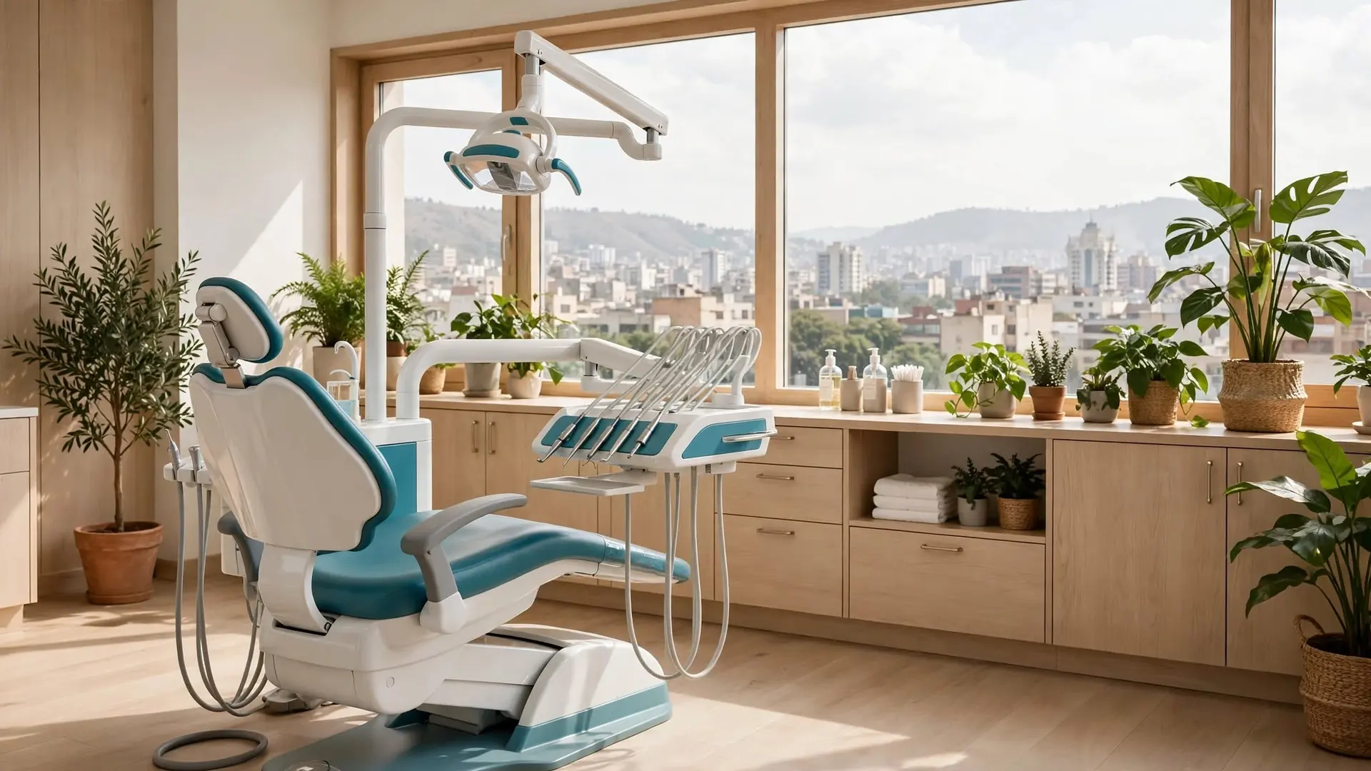 Consultorio dental moderno con sillón blanco y verde azulado, ventanal y plantas