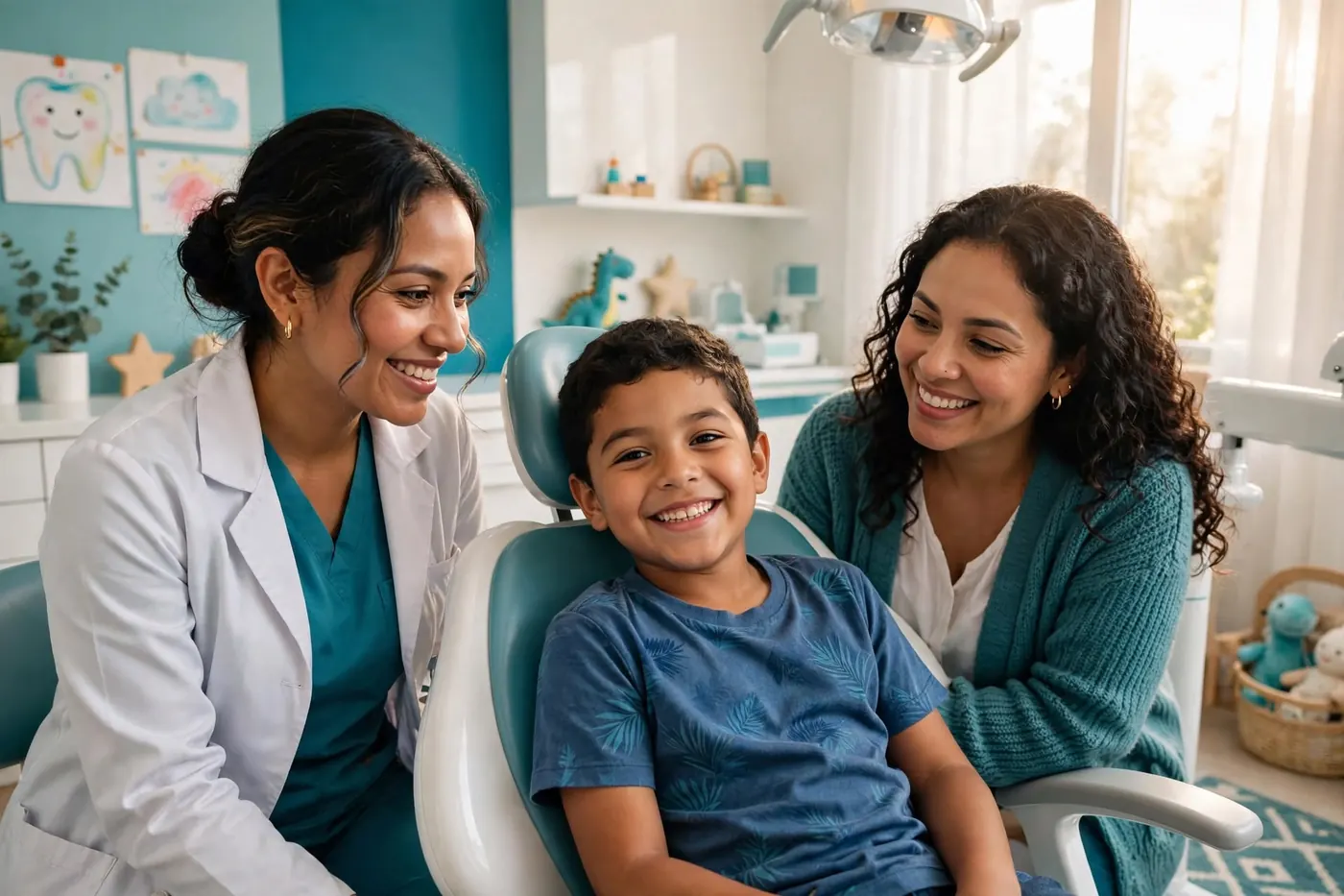 Odontopediatra con un niño sonriendo en el sillón y su mamá al lado