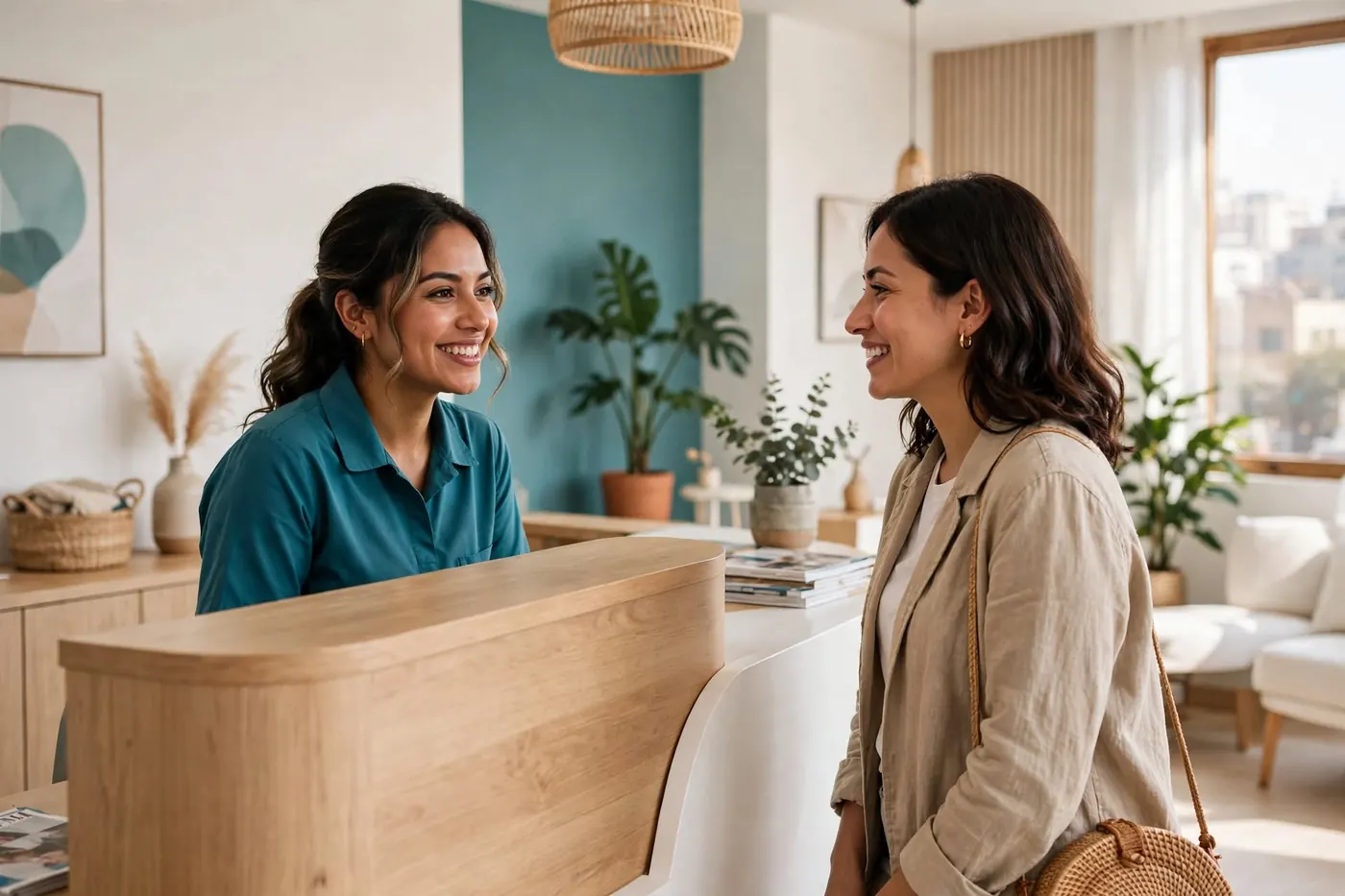 Recepción con mostrador de madera y una recepcionista atendiendo a una paciente