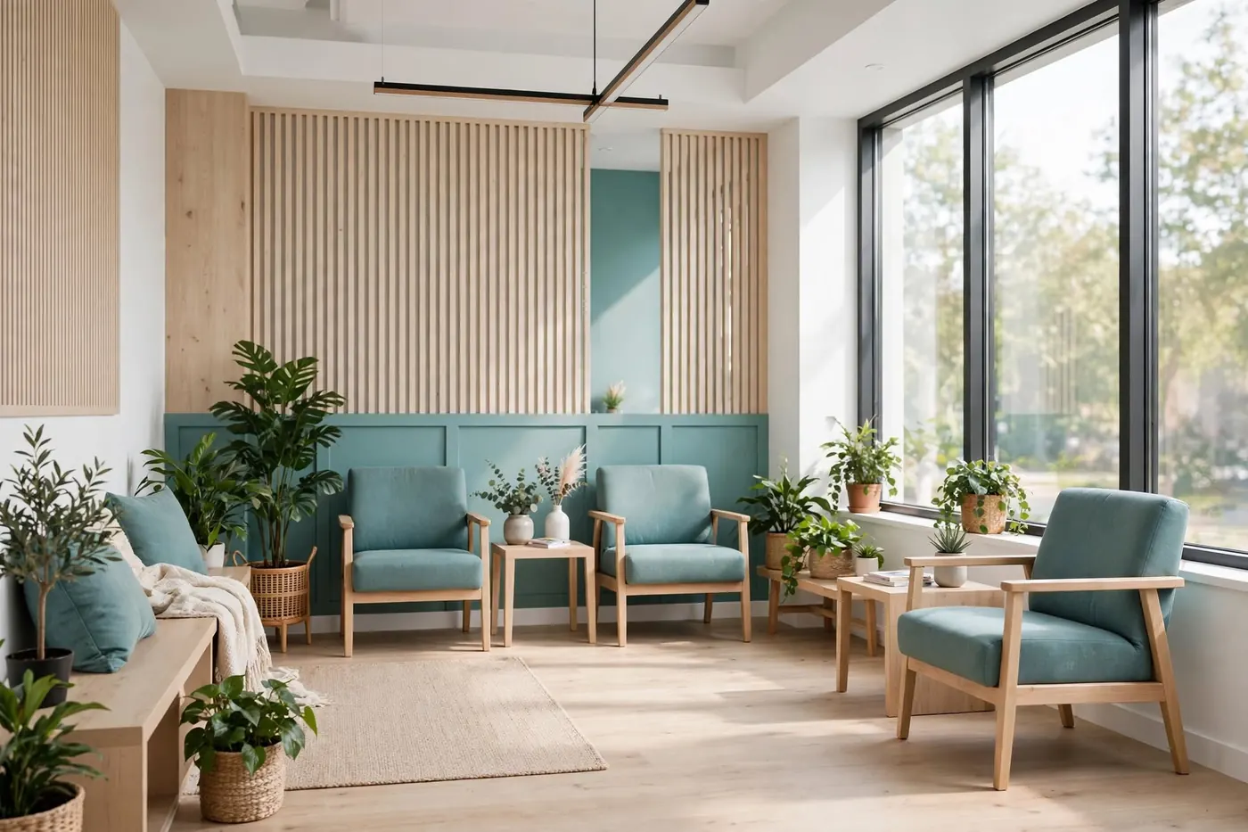 Sala de espera con sillones verde azulado y plantas