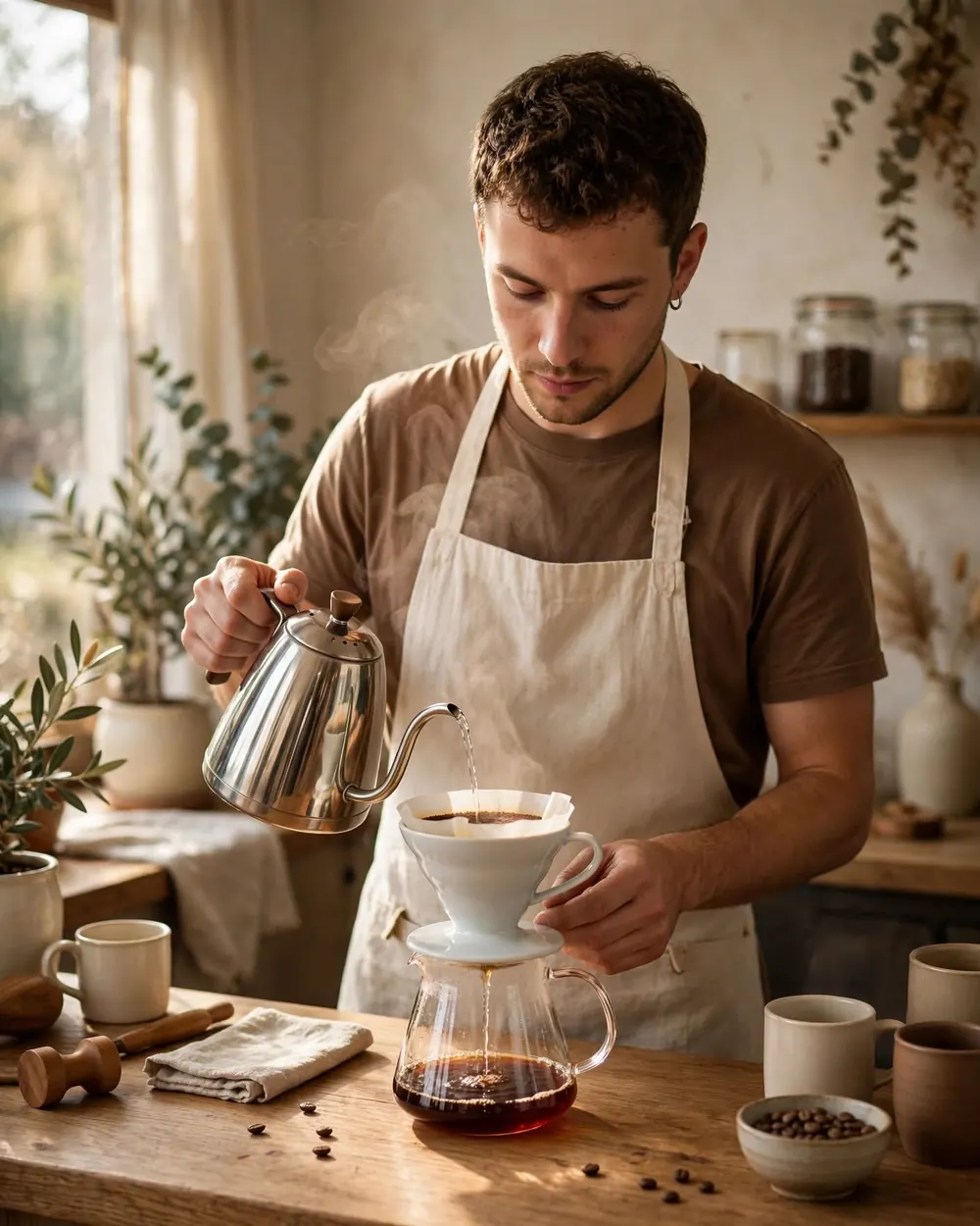 Barista preparando café filtrado en V60 en una barra de madera