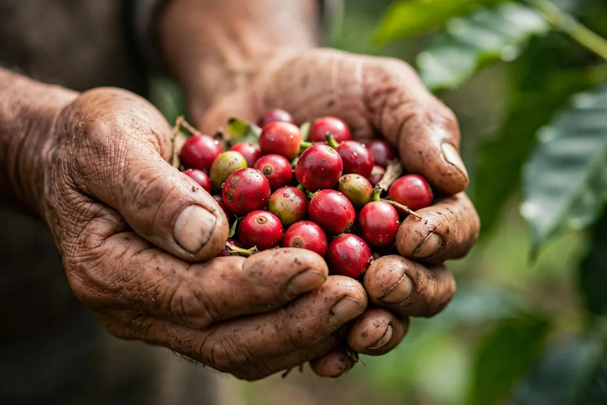 Manos sosteniendo cerezas de café rojas recién cosechadas