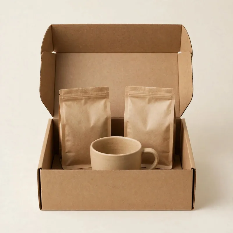 Caja regalo con dos bolsas de café y una taza
