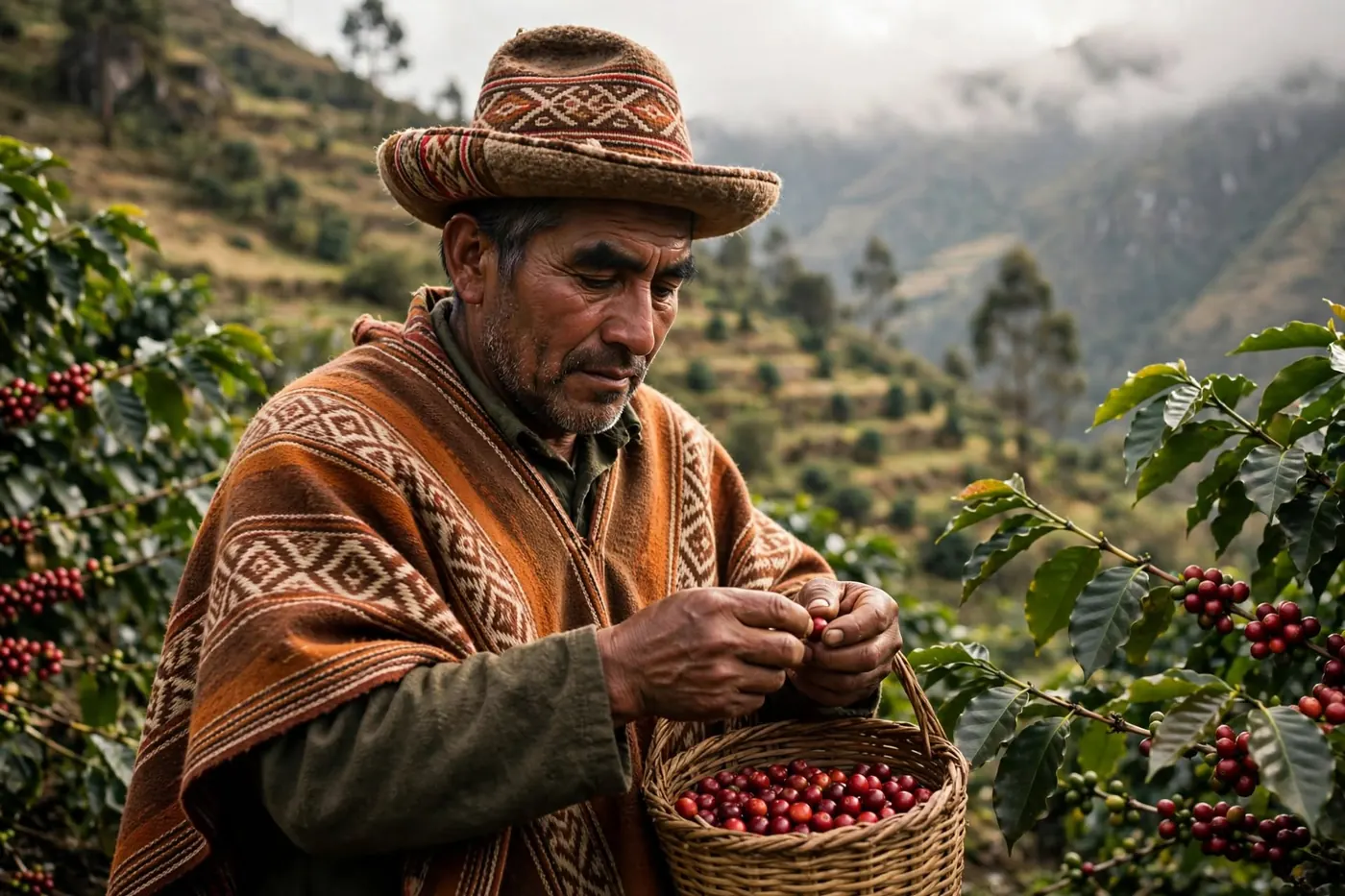 Productor peruano con sombrero y poncho cosechando cerezas de café en la montaña